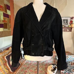 80s G-III Black Suede Snake Skin Textured Puffy Sleeve Silhouette Bomber Jacket